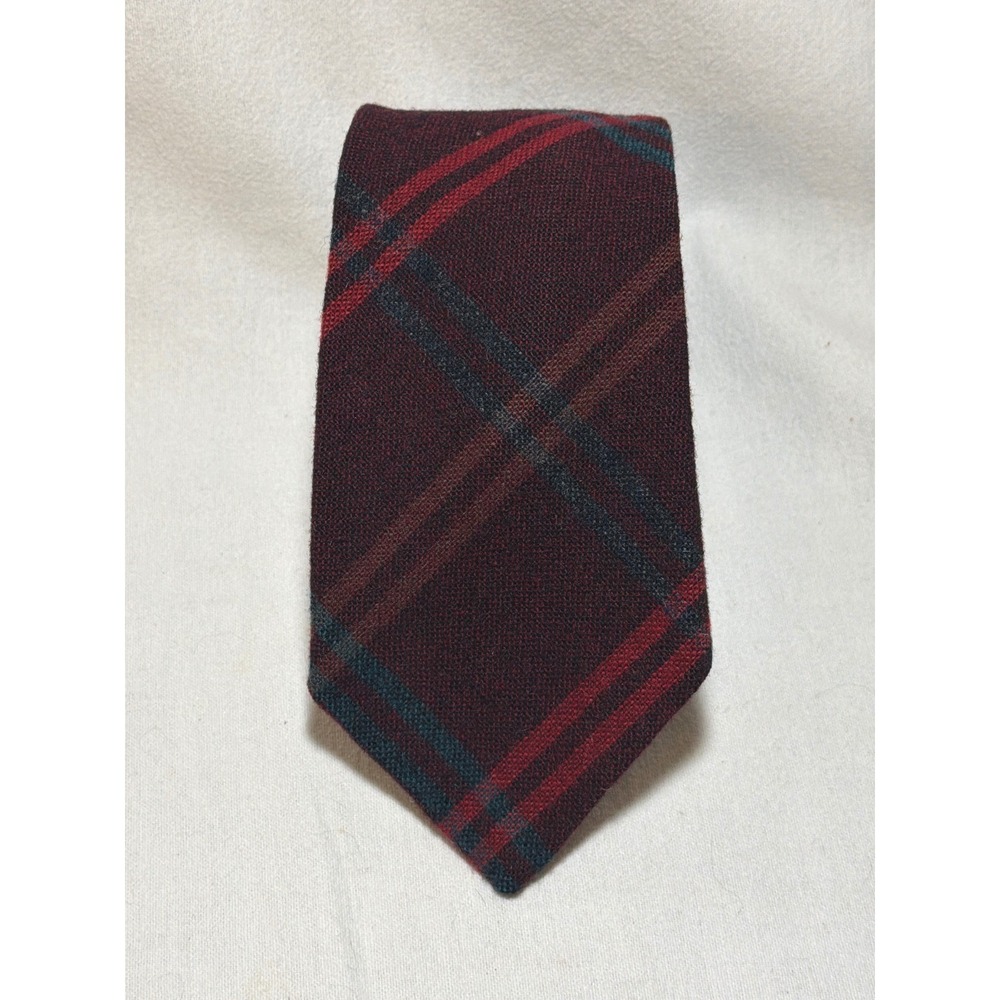 Rooster Mens Vintage All Wool Plaid Necktie Burgundy Green Kaufmann's Pittsburgh